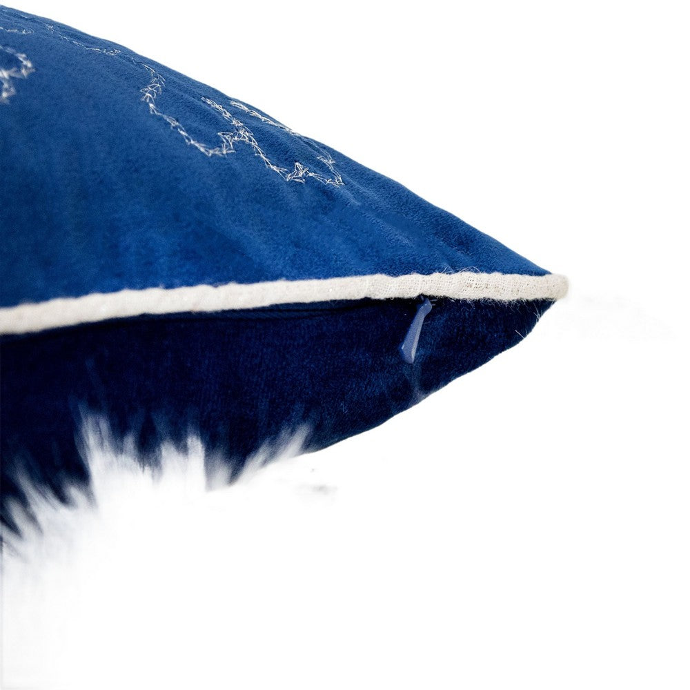 Rola Square Throw Pillow, Silver Snowflake Embroidery, Blue Velvet 20 Inch - BM349964