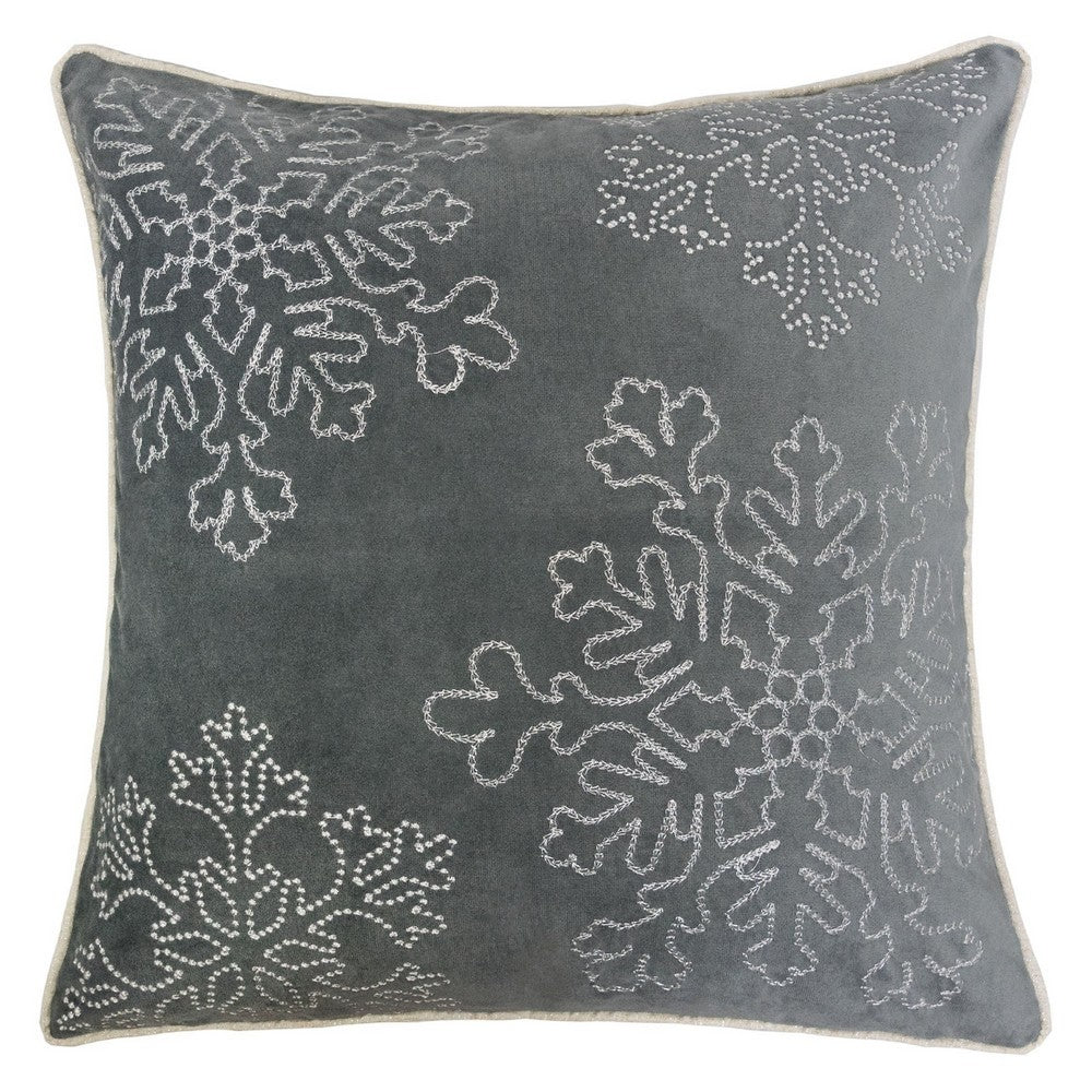 Rola Square Throw Pillow, Silver Snowflake Embroidery, Gray Velvet 20 Inch - BM349965