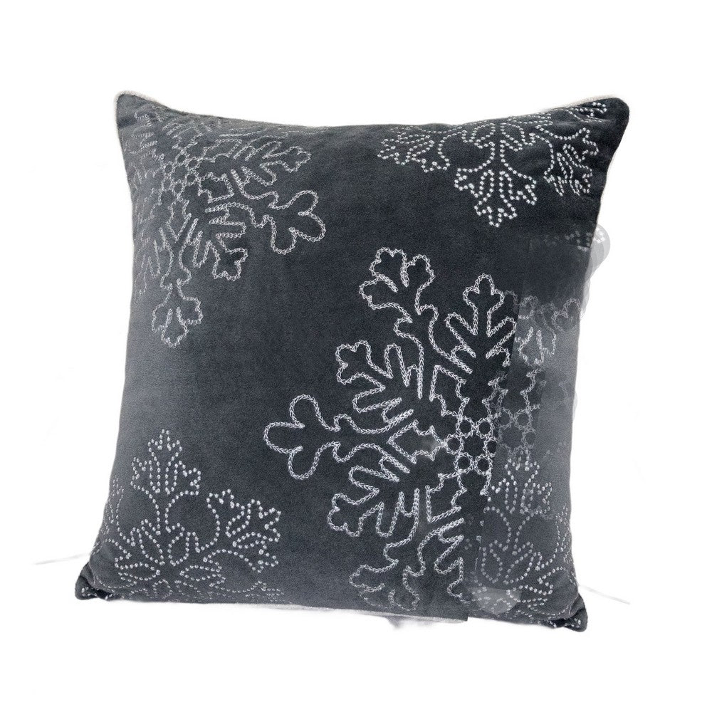 Rola Square Throw Pillow, Silver Snowflake Embroidery, Gray Velvet 20 Inch - BM349965