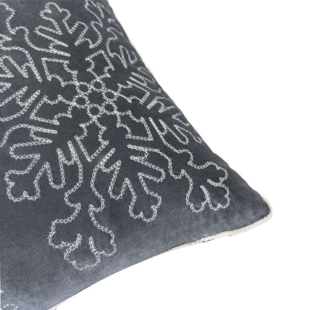 Rola Square Throw Pillow, Silver Snowflake Embroidery, Gray Velvet 20 Inch - BM349965