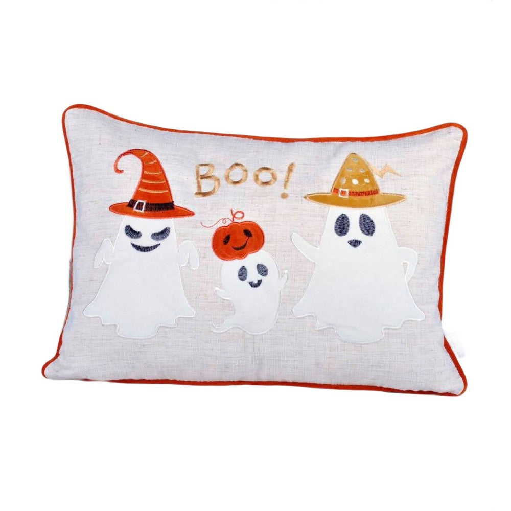 Vobo Lumbar Pillow, Ghost, Pumpkin, and Boo Embroidery, Ivory Velvet 14x20 - BM349967
