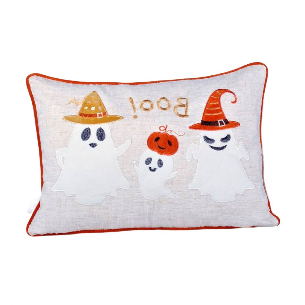 Vobo Lumbar Pillow, Ghost, Pumpkin, and Boo Embroidery, Ivory Velvet 14x20 - BM349967