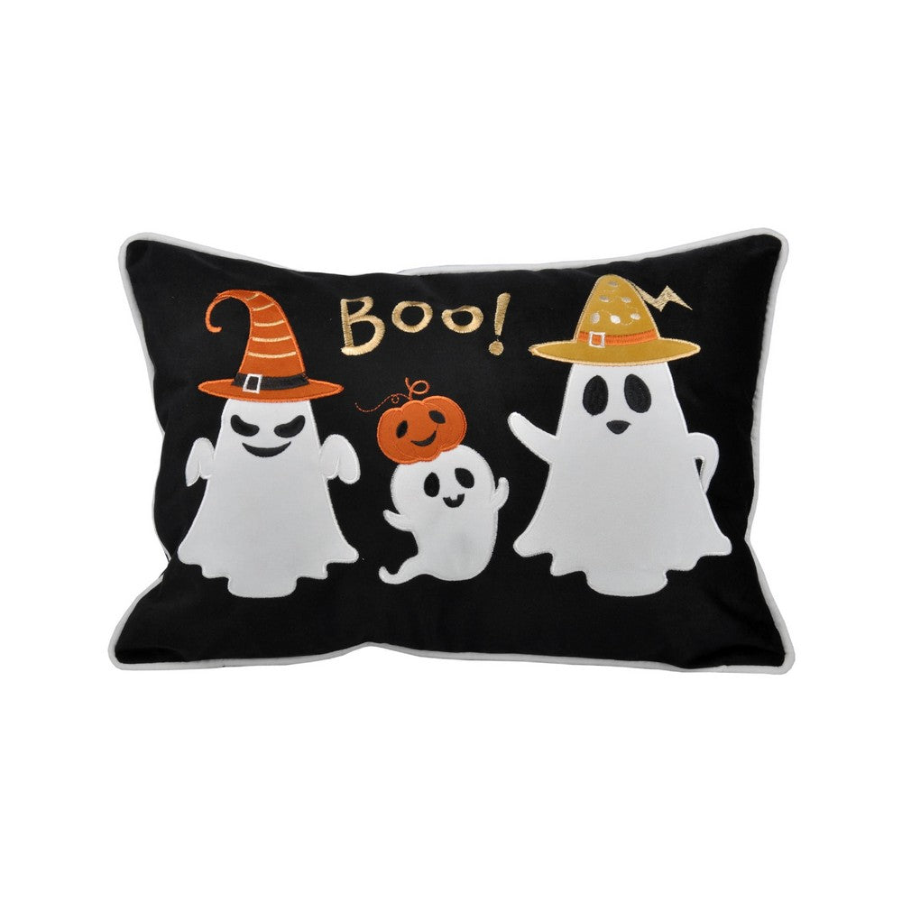 Vobo Lumbar Pillow, Ghost, Pumpkin, and Boo Embroidery, Black Velvet 14x20 - BM349968