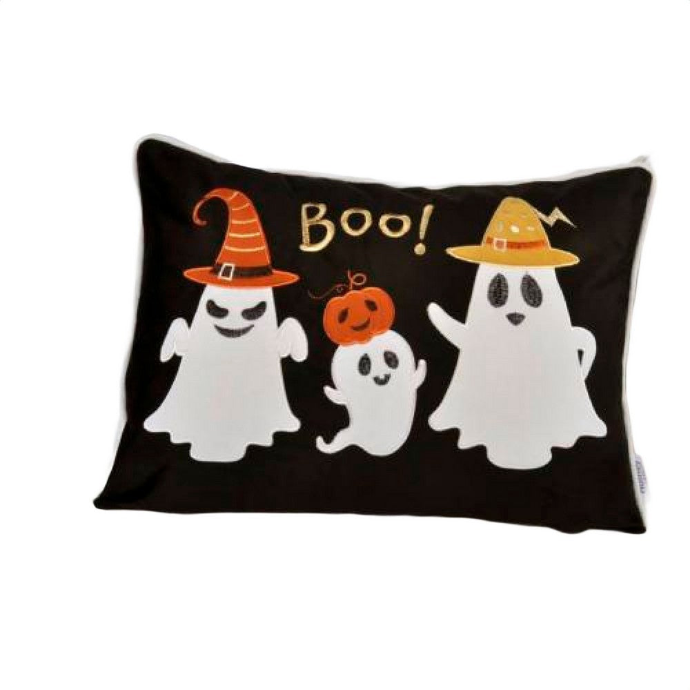 Vobo Lumbar Pillow, Ghost, Pumpkin, and Boo Embroidery, Black Velvet 14x20 - BM349968