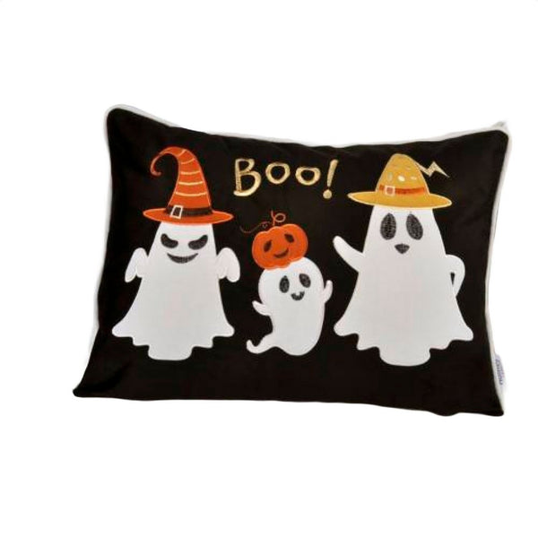 Vobo Lumbar Pillow, Ghost, Pumpkin, and Boo Embroidery, Black Velvet 14x20 - BM349968