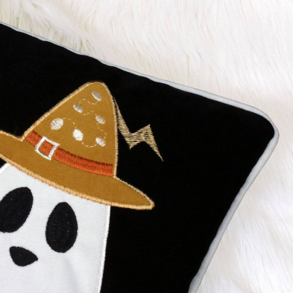 Vobo Lumbar Pillow, Ghost, Pumpkin, and Boo Embroidery, Black Velvet 14x20 - BM349968