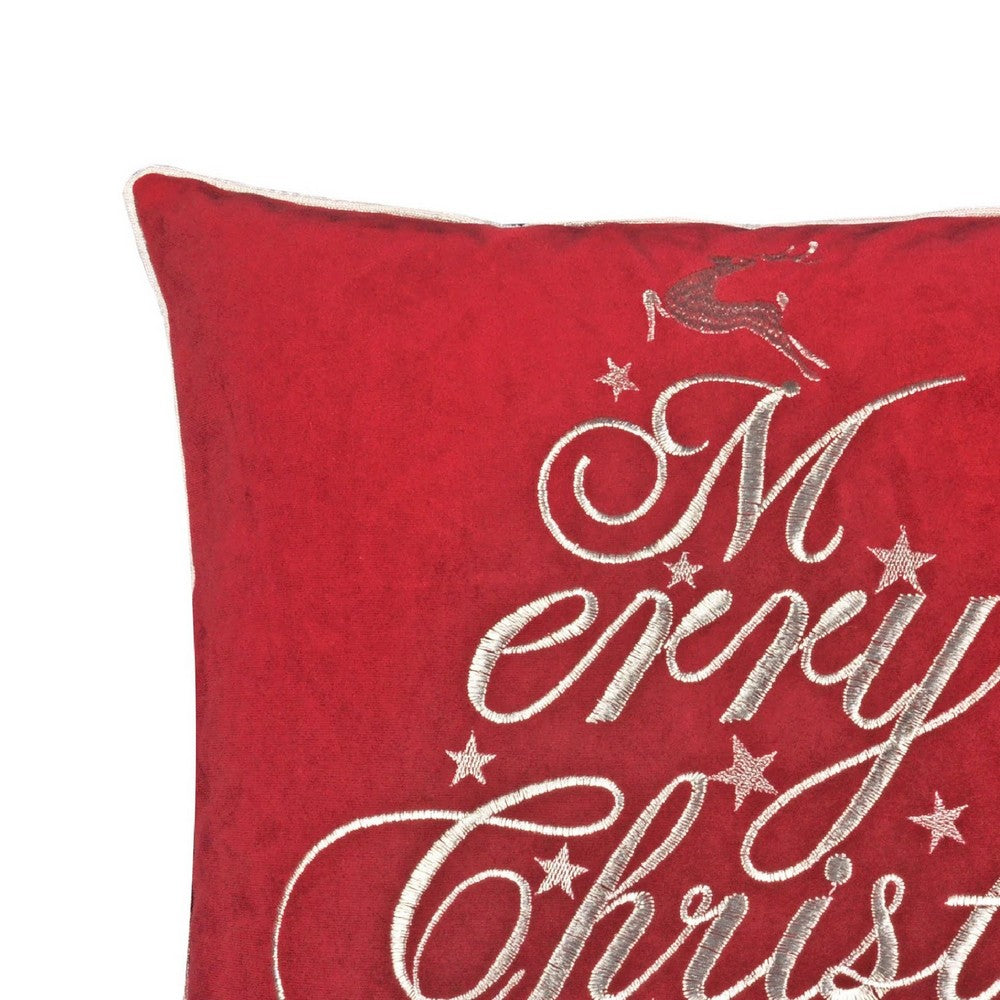 Aure Square Throw Pillow, Merry Christmas Embroidery, Red Velvet 20 Inch - BM349970