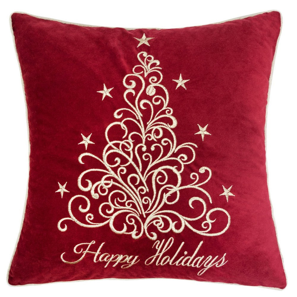 Aure Square Throw Pillow, Happy Holidays Embroidery, Red Velvet 20 Inch - BM349971