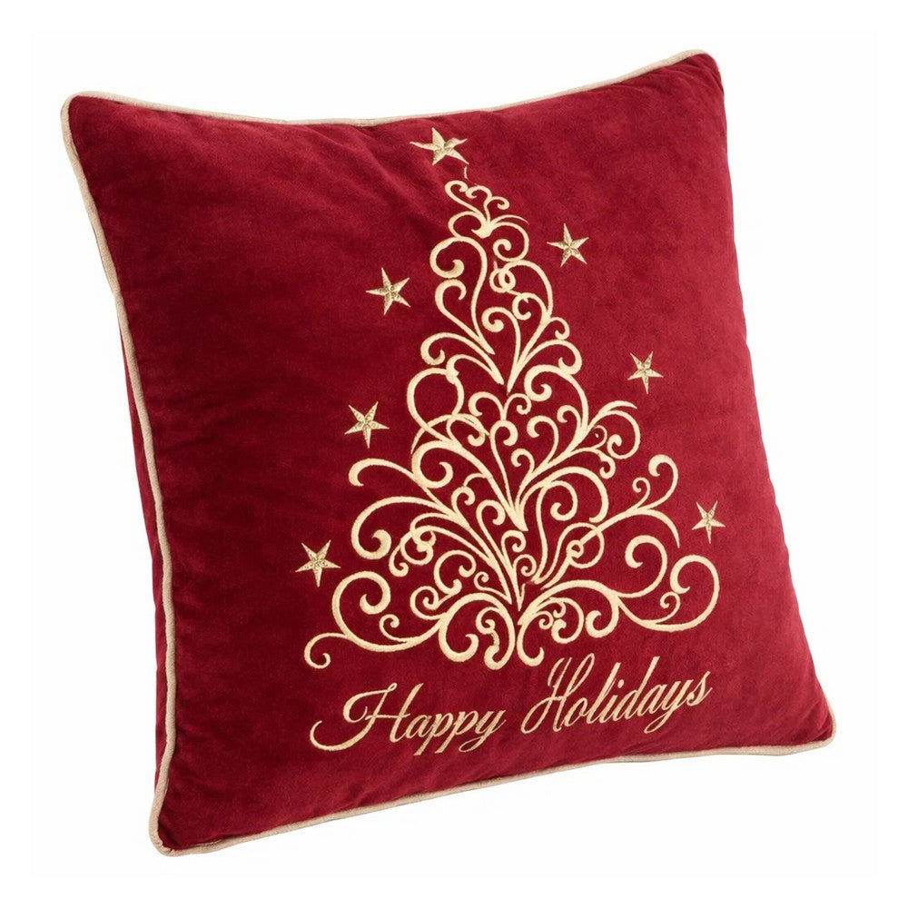Aure Square Throw Pillow, Happy Holidays Embroidery, Red Velvet 20 Inch - BM349971