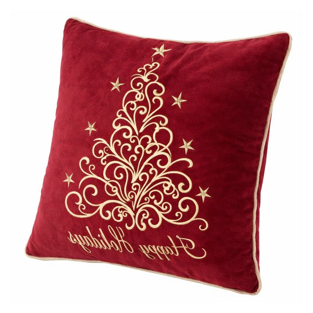 Aure Square Throw Pillow, Happy Holidays Embroidery, Red Velvet 20 Inch - BM349971