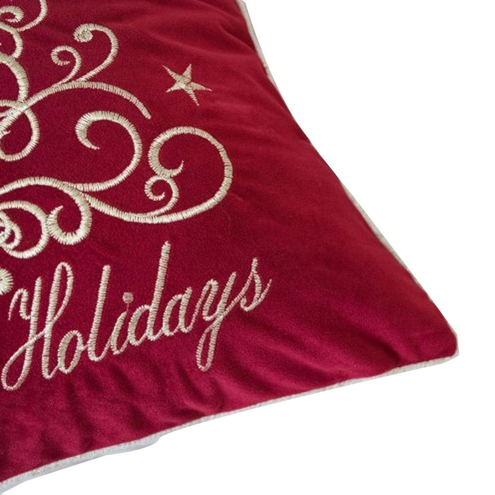 Aure Square Throw Pillow, Happy Holidays Embroidery, Red Velvet 20 Inch - BM349971