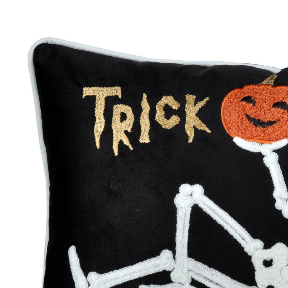 Teya Lumbar Pillow, Skeleton Embroidery, Trick or Treat Black Velvet 14x20 - BM349972