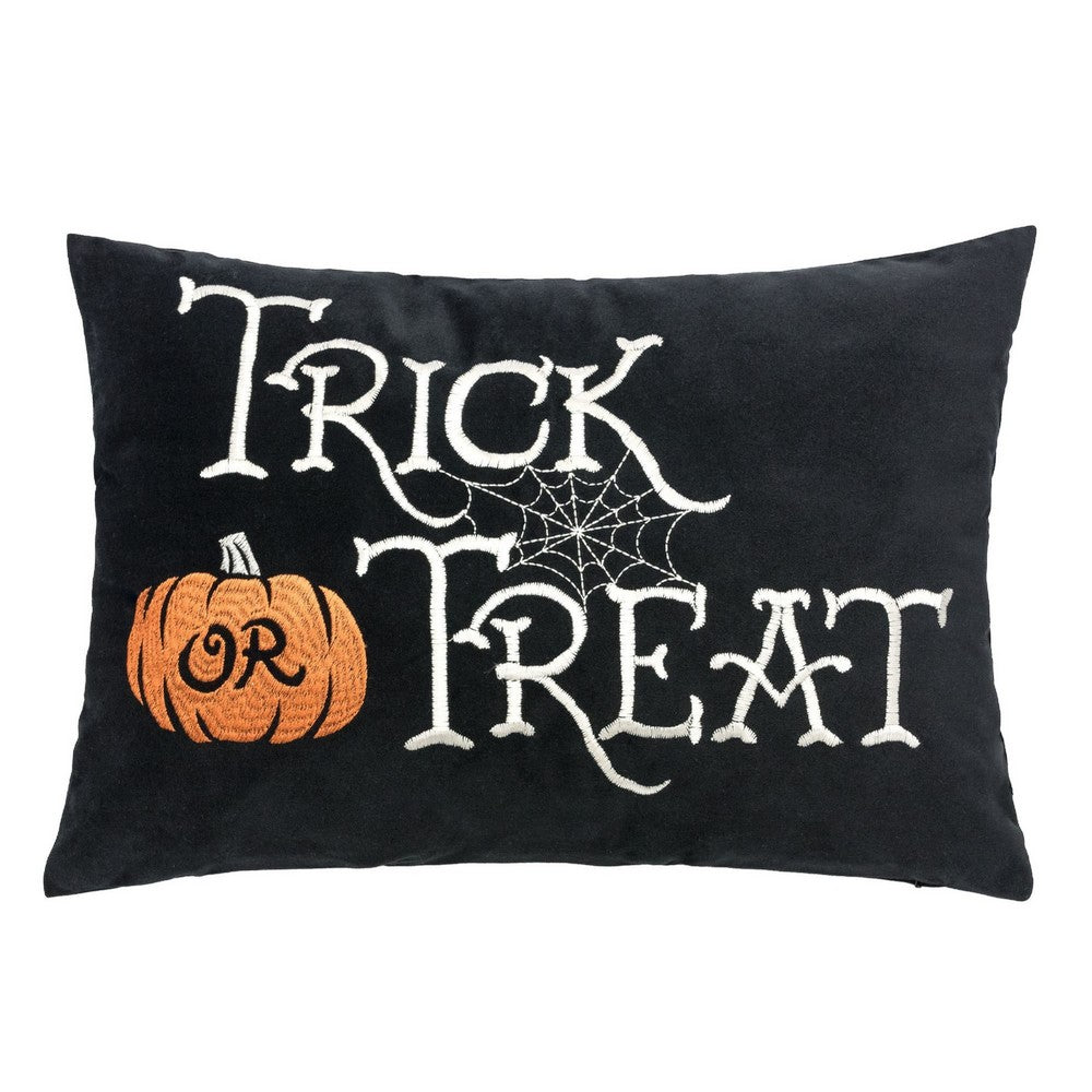 Teya Lumbar Pillow, TRICK OR TREAT Embroidery w Pumpkin, Black Velvet 14x20 - BM349973