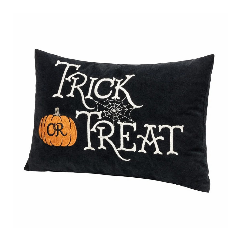 Teya Lumbar Pillow, TRICK OR TREAT Embroidery w Pumpkin, Black Velvet 14x20 - BM349973