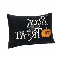 Teya Lumbar Pillow, TRICK OR TREAT Embroidery w Pumpkin, Black Velvet 14x20 - BM349973