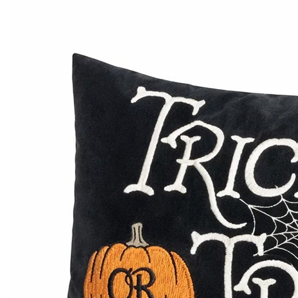 Teya Lumbar Pillow, TRICK OR TREAT Embroidery w Pumpkin, Black Velvet 14x20 - BM349973