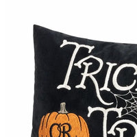 Teya Lumbar Pillow, TRICK OR TREAT Embroidery w Pumpkin, Black Velvet 14x20 - BM349973