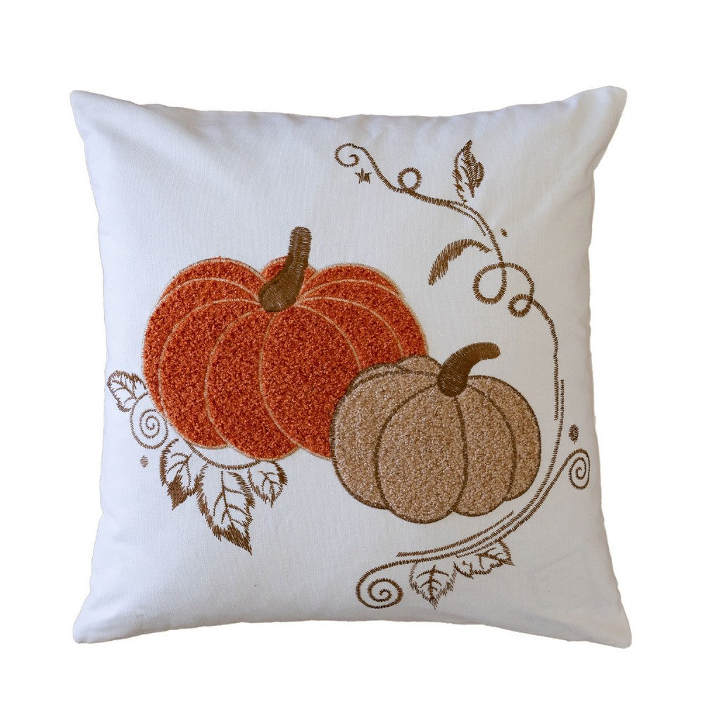 Niva Square Throw Pillow, Embroidered Rust Pumpkins, White Cotton 20 Inch - BM349976