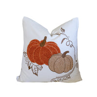 Niva Square Throw Pillow, Embroidered Rust Pumpkins, White Cotton 20 Inch - BM349976