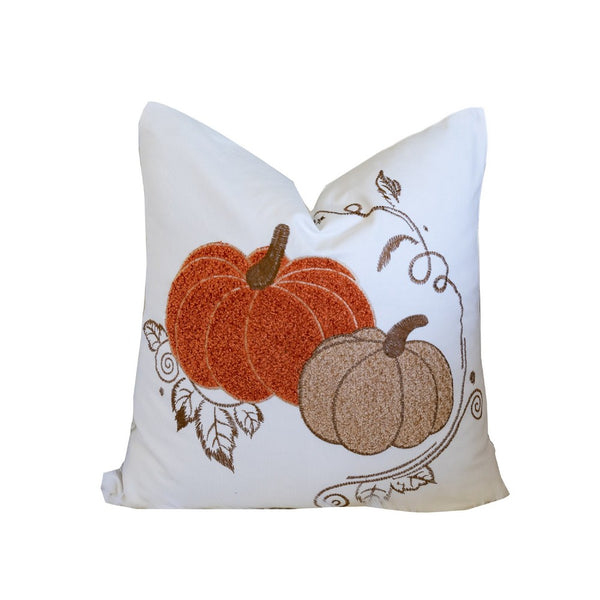 Niva Square Throw Pillow, Embroidered Rust Pumpkins, White Cotton 20 Inch - BM349976