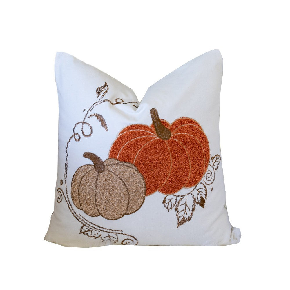 Niva Square Throw Pillow, Embroidered Rust Pumpkins, White Cotton 20 Inch - BM349976