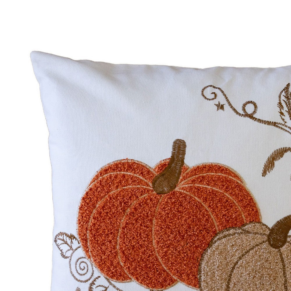 Niva Square Throw Pillow, Embroidered Rust Pumpkins, White Cotton 20 Inch - BM349976