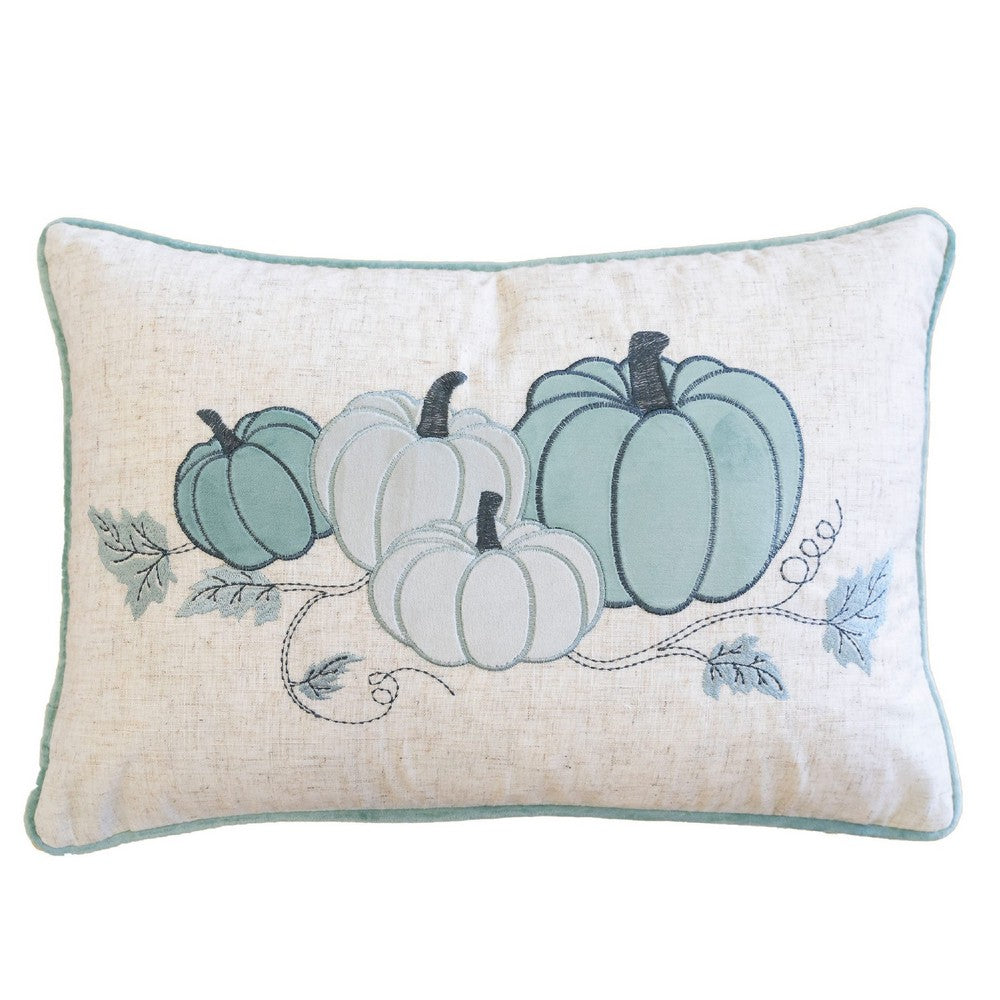 Niva Lumbar Pillow, Blue Embroidered Pumpkin, Ivory Cotton-Blend 14x20 - BM349977