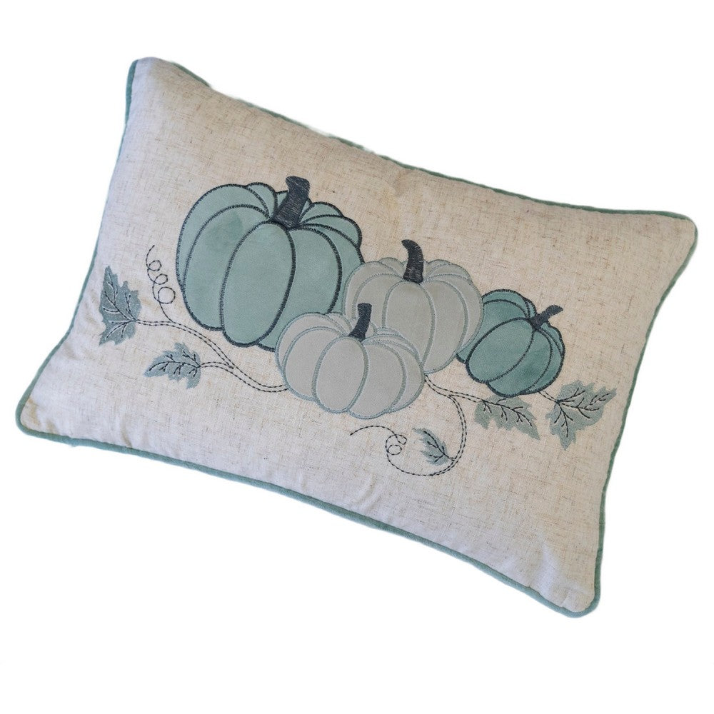 Niva Lumbar Pillow, Blue Embroidered Pumpkin, Ivory Cotton-Blend 14x20 - BM349977