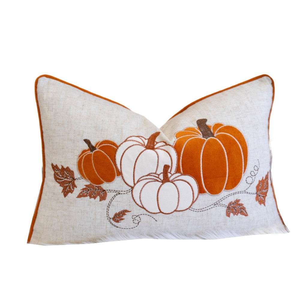 Niva Lumbar Pillow, Rust Embroidered Pumpkin, Ivory Cotton-Blend 14x20 - BM349978