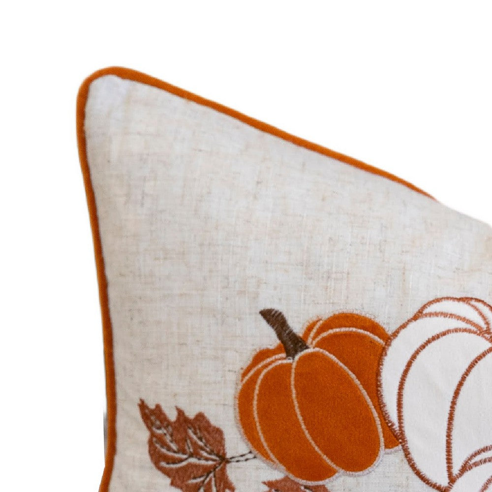 Niva Lumbar Pillow, Rust Embroidered Pumpkin, Ivory Cotton-Blend 14x20 - BM349978