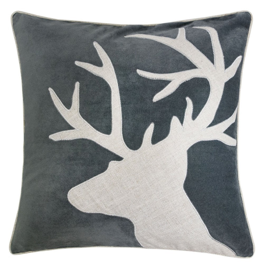 Lopa Square Throw Pillow, Holiday Reindeer Embroidery, Gray Velvet 20 Inch - BM349979
