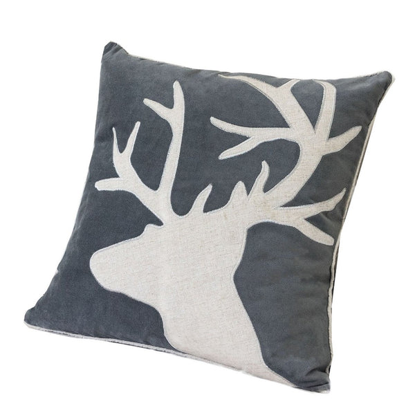 Lopa Square Throw Pillow, Holiday Reindeer Embroidery, Gray Velvet 20 Inch - BM349979