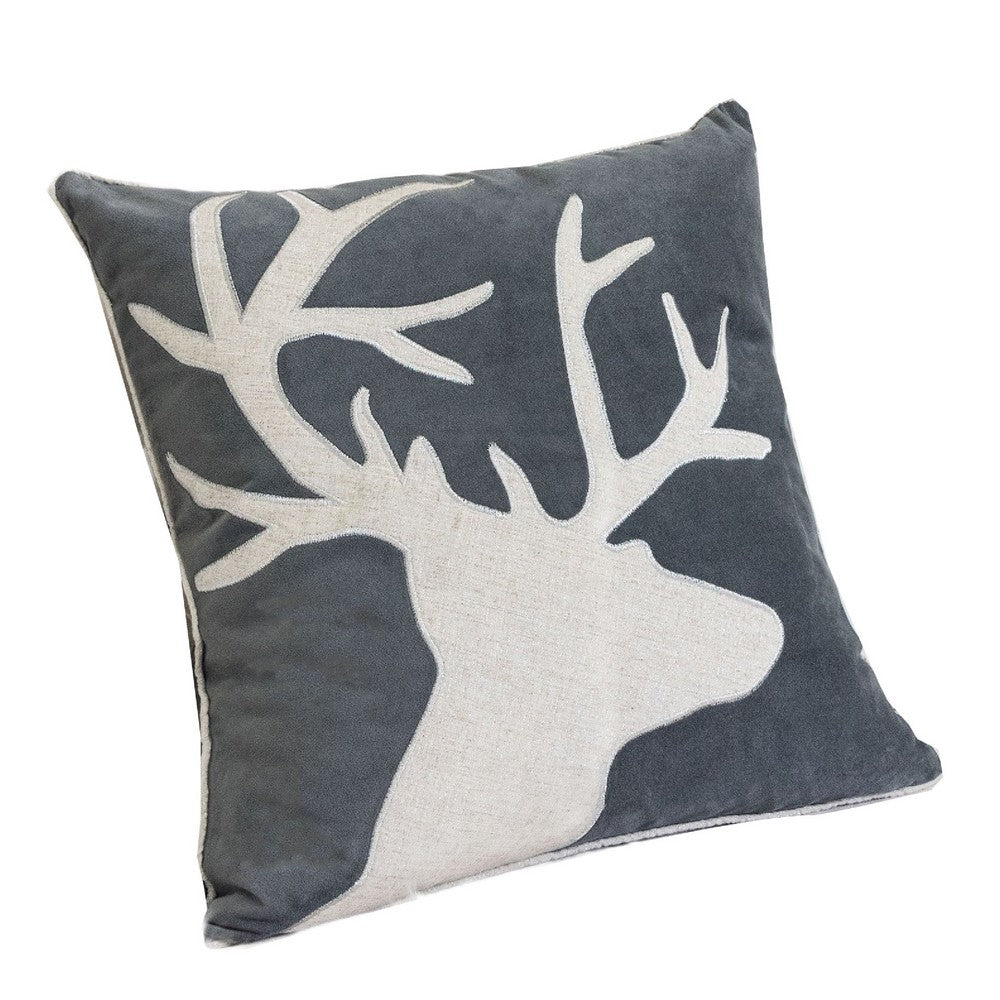 Lopa Square Throw Pillow, Holiday Reindeer Embroidery, Gray Velvet 20 Inch - BM349979