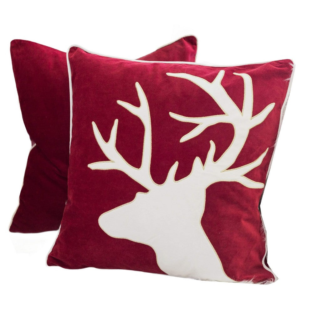 Lopa Square Throw Pillow, Holiday Reindeer Embroidery, Red Velvet 20 Inch - BM349980