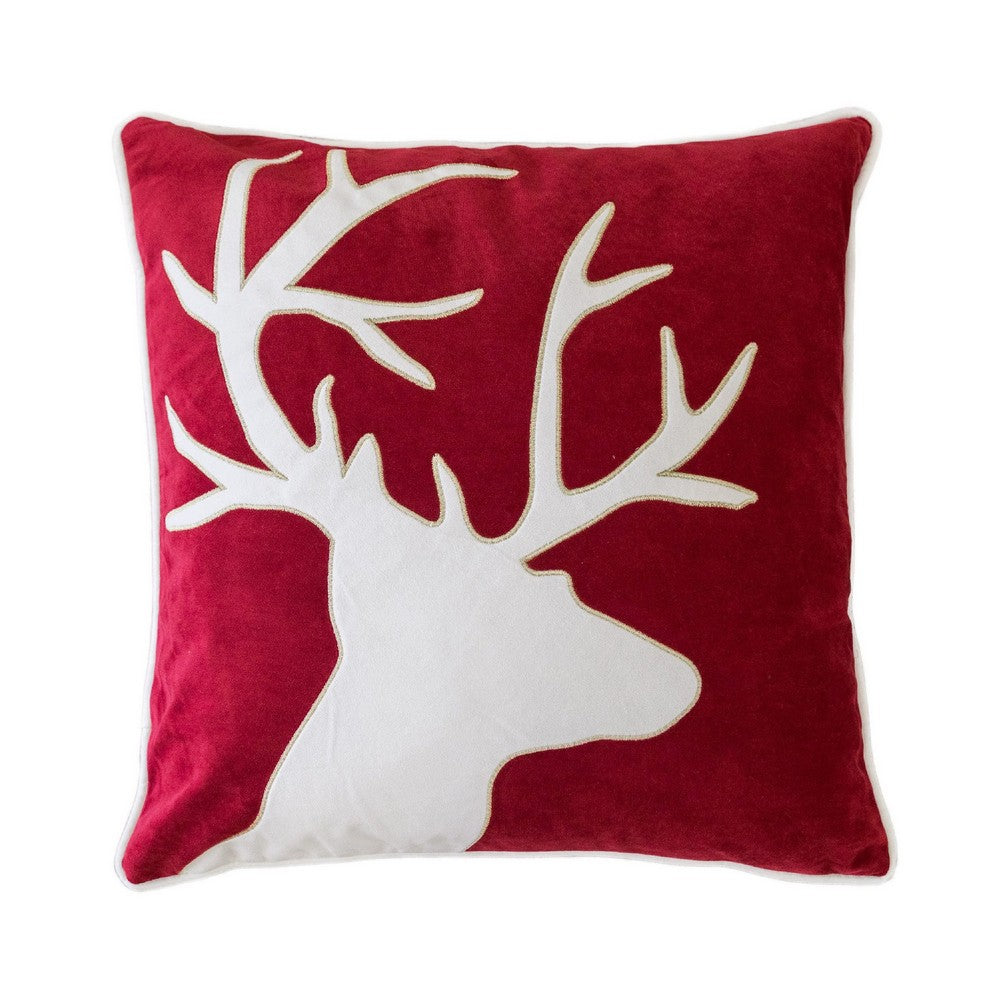 Lopa Square Throw Pillow, Holiday Reindeer Embroidery, Red Velvet 20 Inch - BM349980