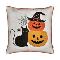Square Throw Pillow, Cat and Pumpkin Stack, Ivory Linen-Like Fabric 20 Inch - BM349981