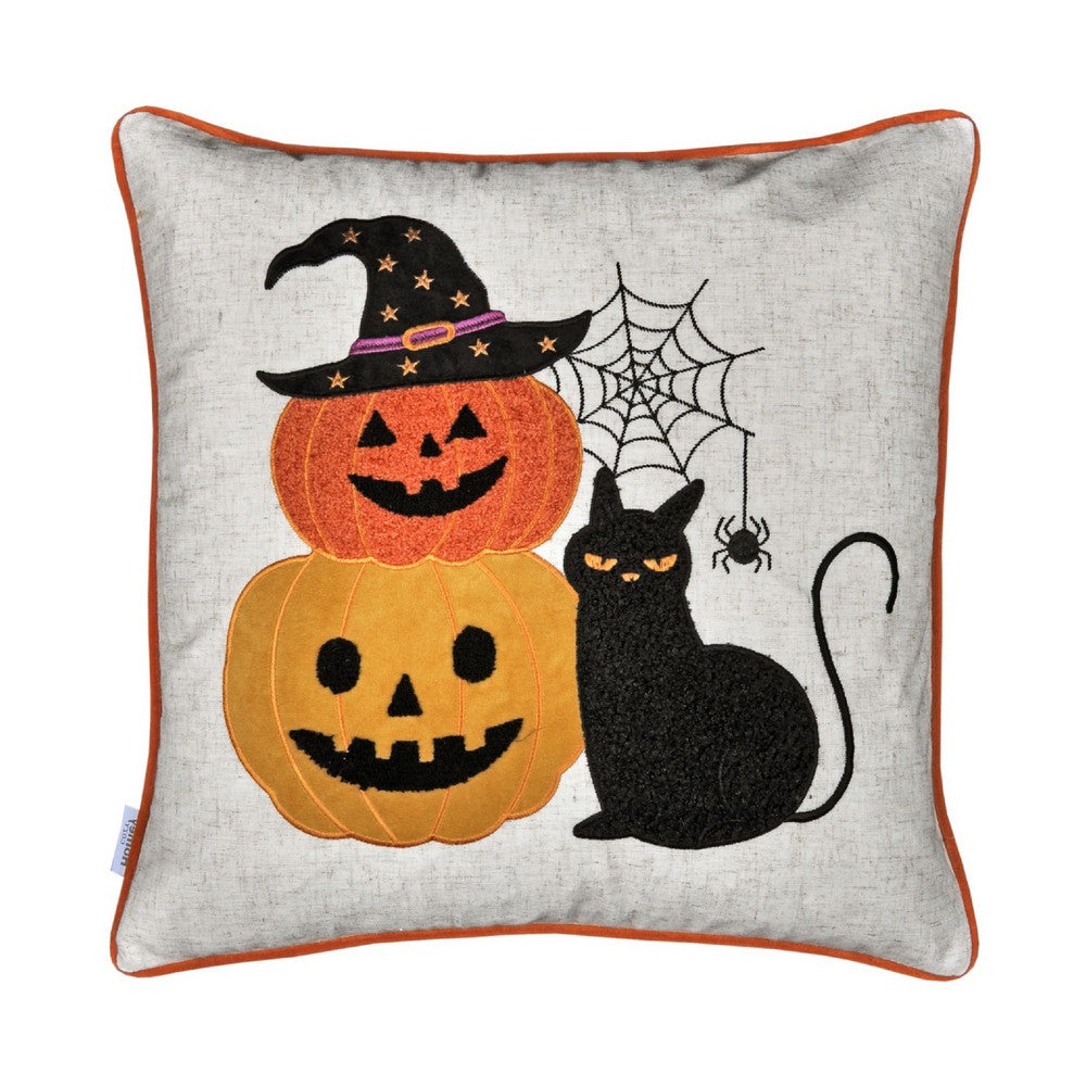 Square Throw Pillow, Cat and Pumpkin Stack, Ivory Linen-Like Fabric 20 Inch - BM349981