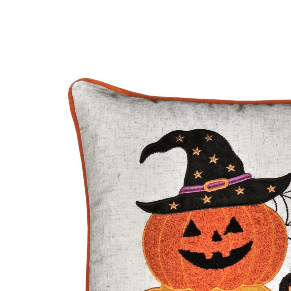 Square Throw Pillow, Cat and Pumpkin Stack, Ivory Linen-Like Fabric 20 Inch - BM349981