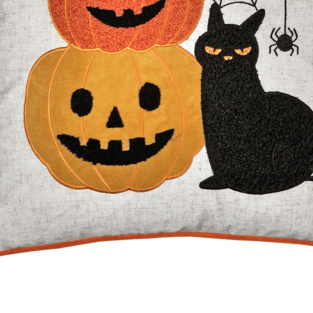 Square Throw Pillow, Cat and Pumpkin Stack, Ivory Linen-Like Fabric 20 Inch - BM349981