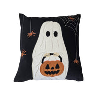 Square Throw Pillow, White Ghost w Pumpkin Bucket, Black Polyester 20 Inch - BM349982