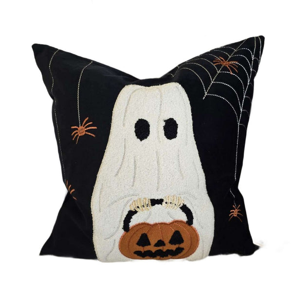 Square Throw Pillow, White Ghost w Pumpkin Bucket, Black Polyester 20 Inch - BM349982
