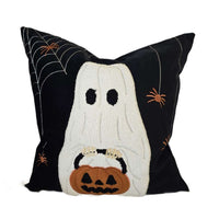 Square Throw Pillow, White Ghost w Pumpkin Bucket, Black Polyester 20 Inch - BM349982