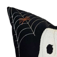 Square Throw Pillow, White Ghost w Pumpkin Bucket, Black Polyester 20 Inch - BM349982