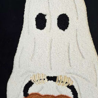 Square Throw Pillow, White Ghost w Pumpkin Bucket, Black Polyester 20 Inch - BM349982
