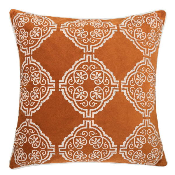 Niva Square Throw Pillow, Damask Embroidery, Burnt Orange Velvet 20 Inch - BM349983