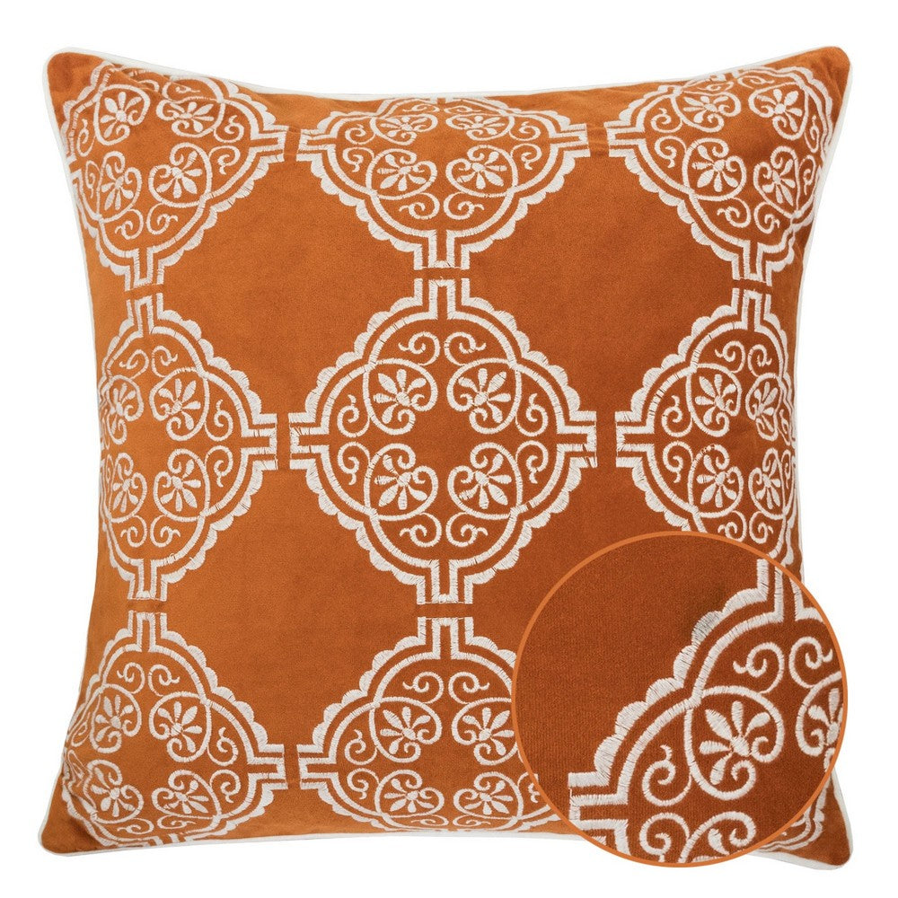 Niva Square Throw Pillow, Damask Embroidery, Burnt Orange Velvet 20 Inch - BM349983