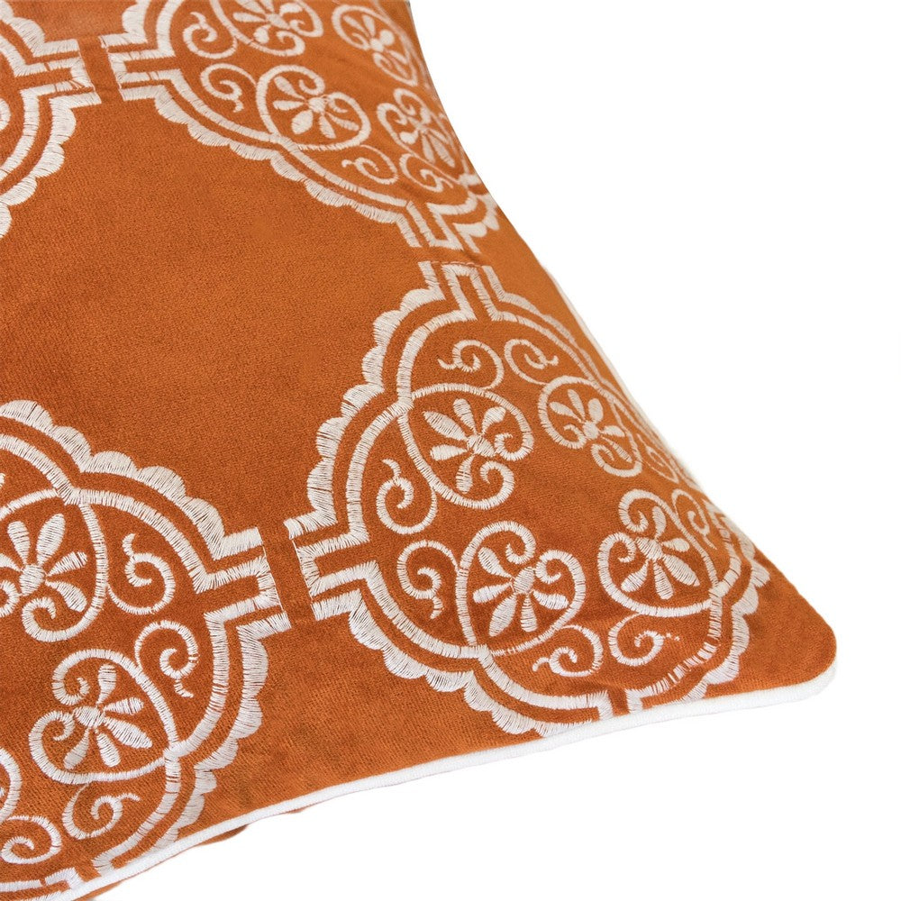 Niva Square Throw Pillow, Damask Embroidery, Burnt Orange Velvet 20 Inch - BM349983