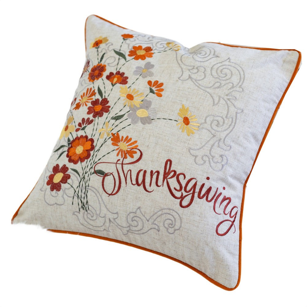 Niva Square Throw Pillow, Thanksgiving Embroidery, Orange Cotton-Blend 20 Inch - BM349984