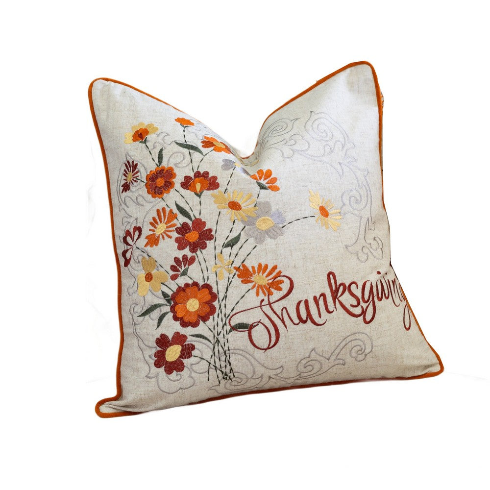 Niva Square Throw Pillow, Thanksgiving Embroidery, Orange Cotton-Blend 20 Inch - BM349984
