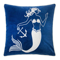 Niva Square Throw Pillow, Embroidered White Mermaid, Blue Velvet, 20 Inch - BM349985